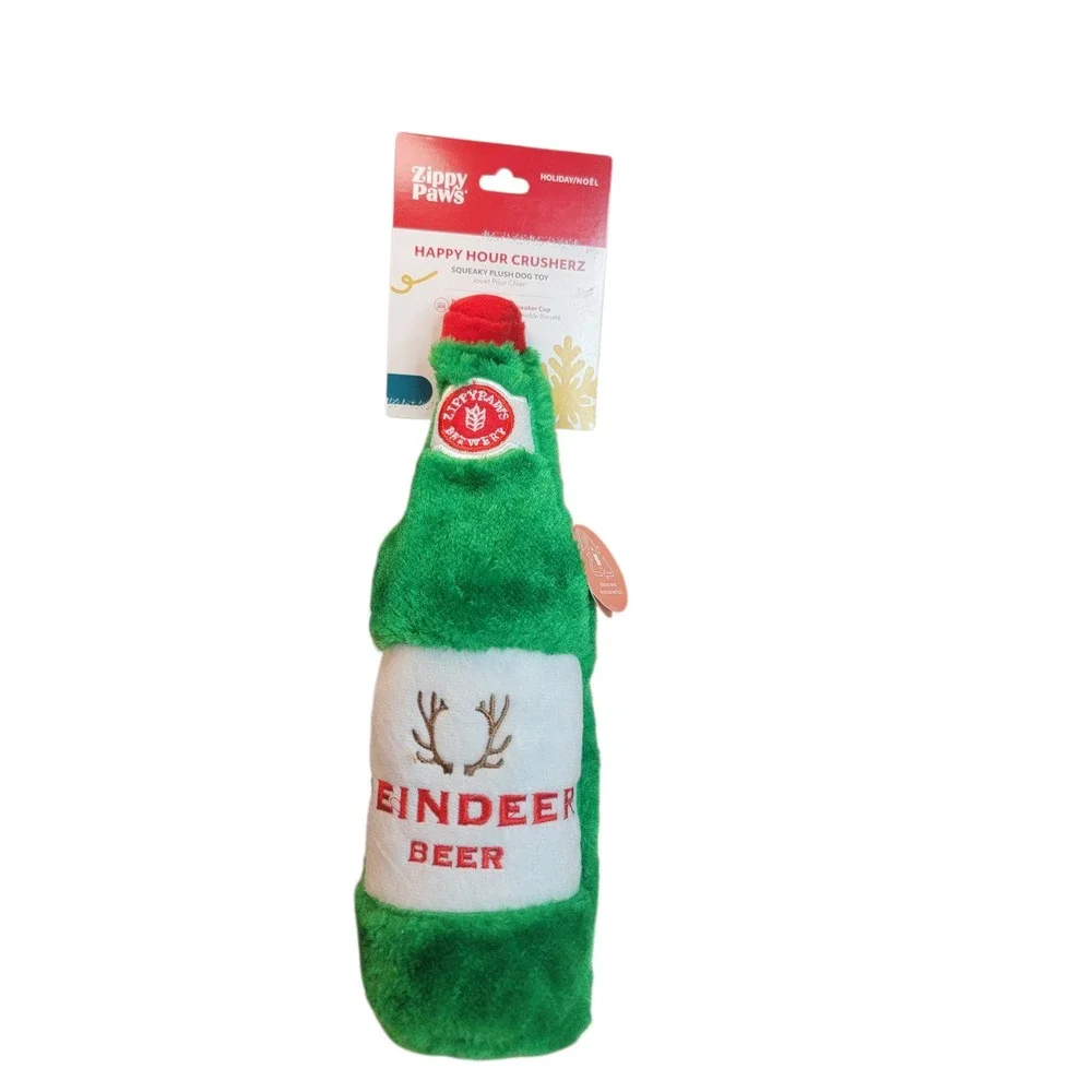 ZippyPaws‎ Reindeer Beer Dog Toy Holiday Green New Plush Squeaky Bottle Crusherz